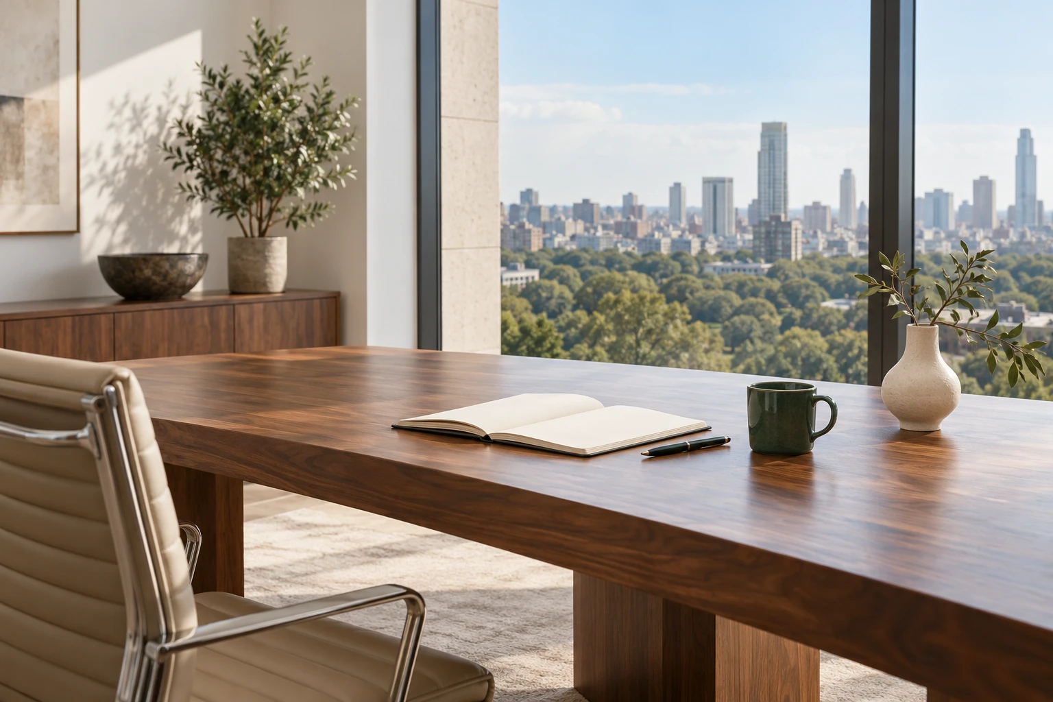 A quiet walnut desk with a blank notebook, pen and green coffee mug