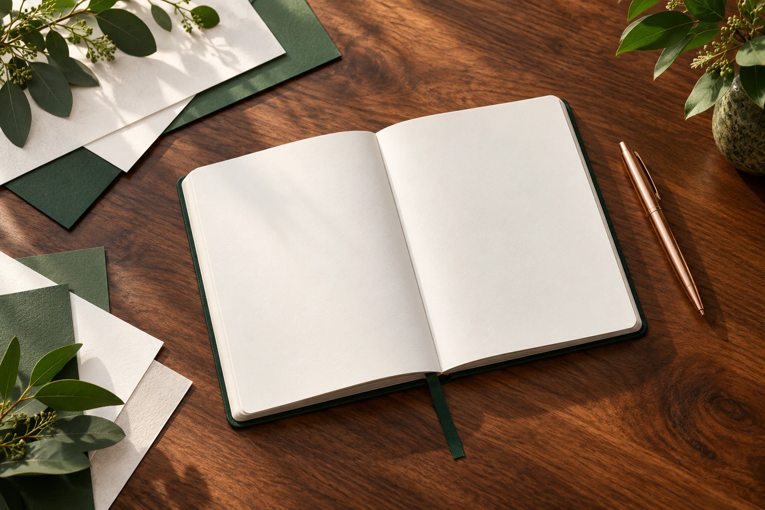 Blank notebook, green and white paper and rose-gold pen on a walnut worktable