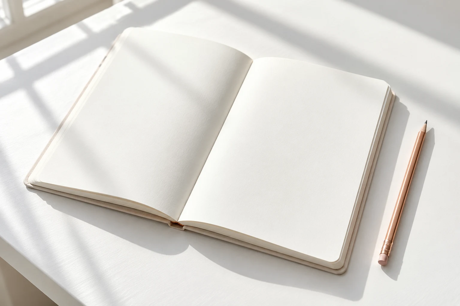 A blank open notebook and rose-gold pencil on a bright white worktable