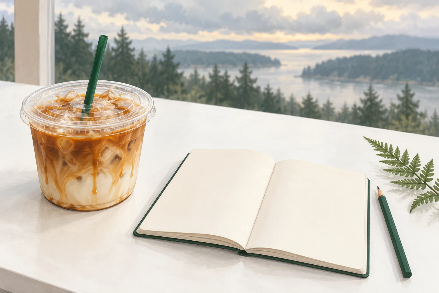 Cozy illustrated caramel macchiato in a flat-lidded takeaway cup beneath a cloudy twilight sky